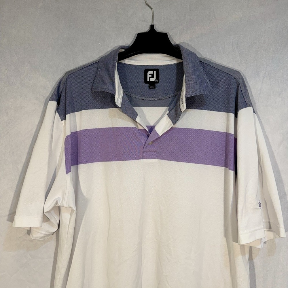 Footjoy Golf Polo Stretch Mens Short Sleeve White Purple Shirt XL Comfort Preppy